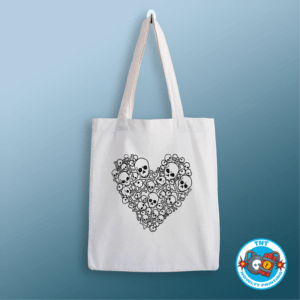 TOTE BAG, SKULL TOTE BAG, HEART TOTE BAG, HEART SHAPPED SKULL TOTE BAG