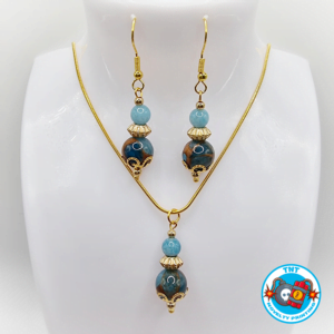 EARRING & NECKLACE SET, EARRINGS AND NECKLACE BLUE LAKE CLOISONNE & CHALCEDONY