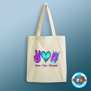 TOTE BAG, PEACE LOVE MERMAID TOTE BAG, VIBRANT TOTE BAG