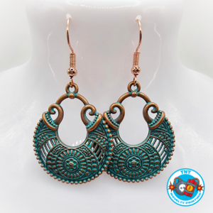 Aztec earrings, blue copper earrings, rose gold earrings, antique earrings,