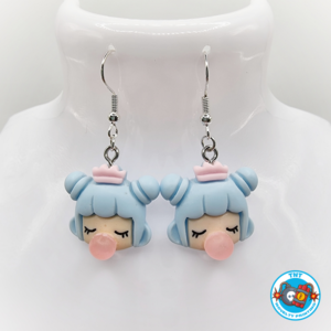 Blue hair, geisha girl earrings, spunky earrings, silver drop earrings, blue hair girl earrings, bubble earrings.