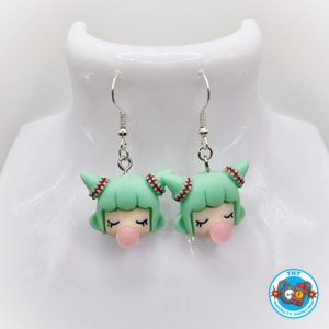 Green hair, geisha girl earrings, spunky earrings, silver drop earrings, green hair girl earrings, bubble earrings.